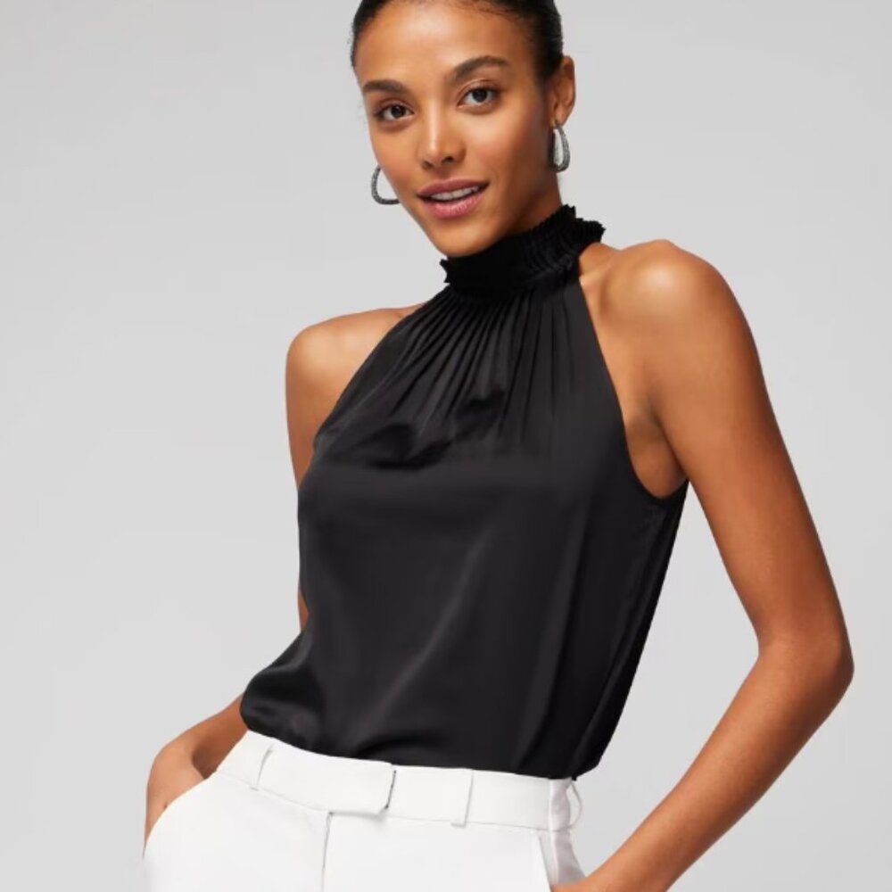 WHBM Halter Pleated Shell Top, Color: Black